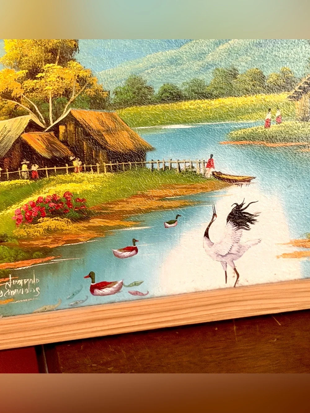 Tropical Crane Mountains River Scene Picture Print Ducks Huts Wall Hanging Art